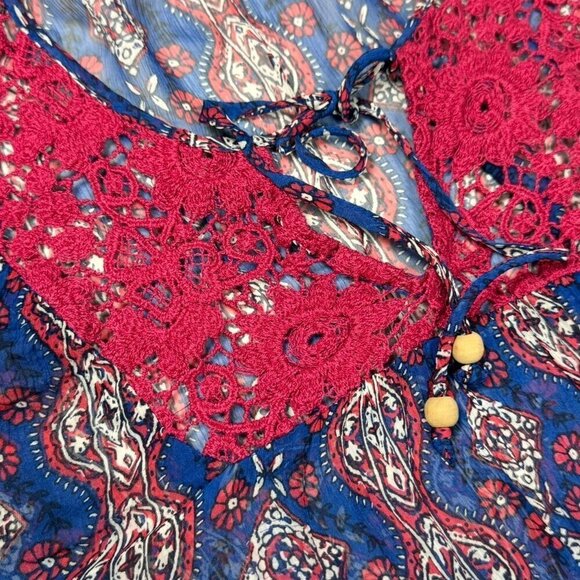 Lucky Brand Boho Peasant Blouse Sz.XL Blue Pink Floral Chiffon Crochet Cottage - Picture 8 of 11
